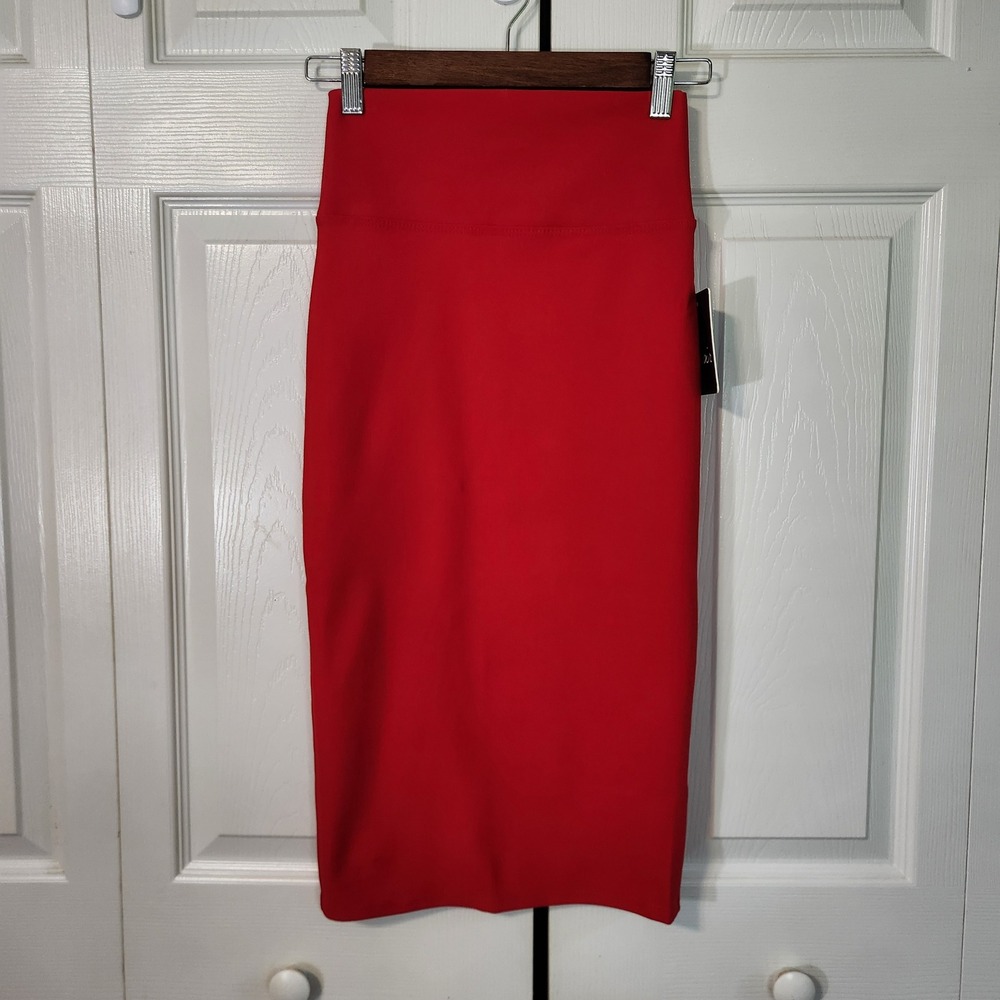 Noir Red High Waisted Pencil Skirt Midi Bodycon Back Slit XS Office Siren Pinup‎